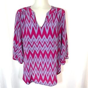 ELLIE KAI Purple & Pink Chevron Silk Popover Blouse 3/4 Sleeves